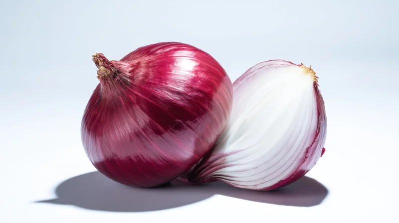 Two red onions, one whole and one halved, on a white surface