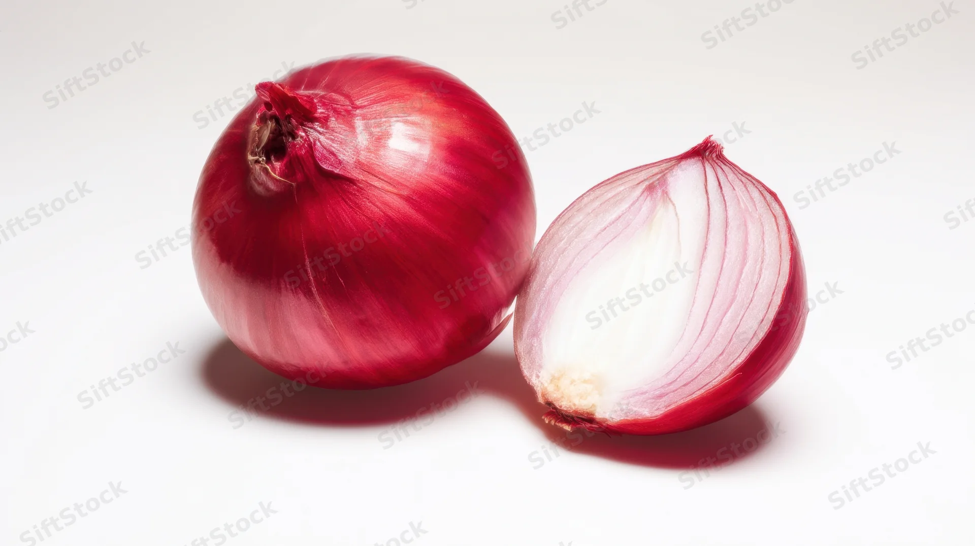 Whole and halved red onion on white surface