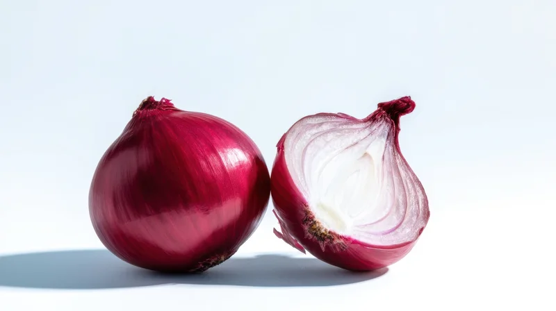Whole and halved red onion on white surface