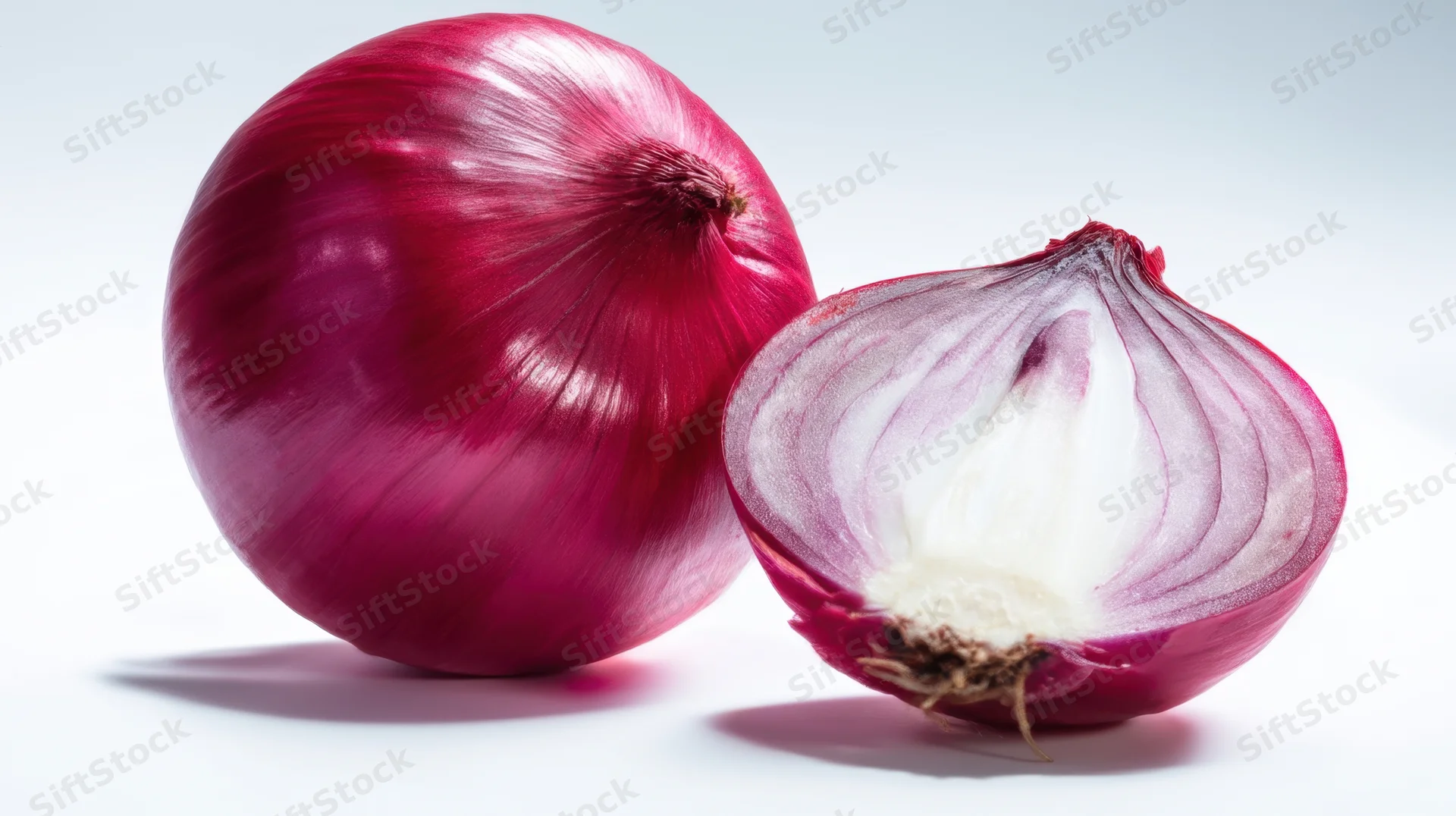 Whole and halved red onion on white surface showing layers and skin