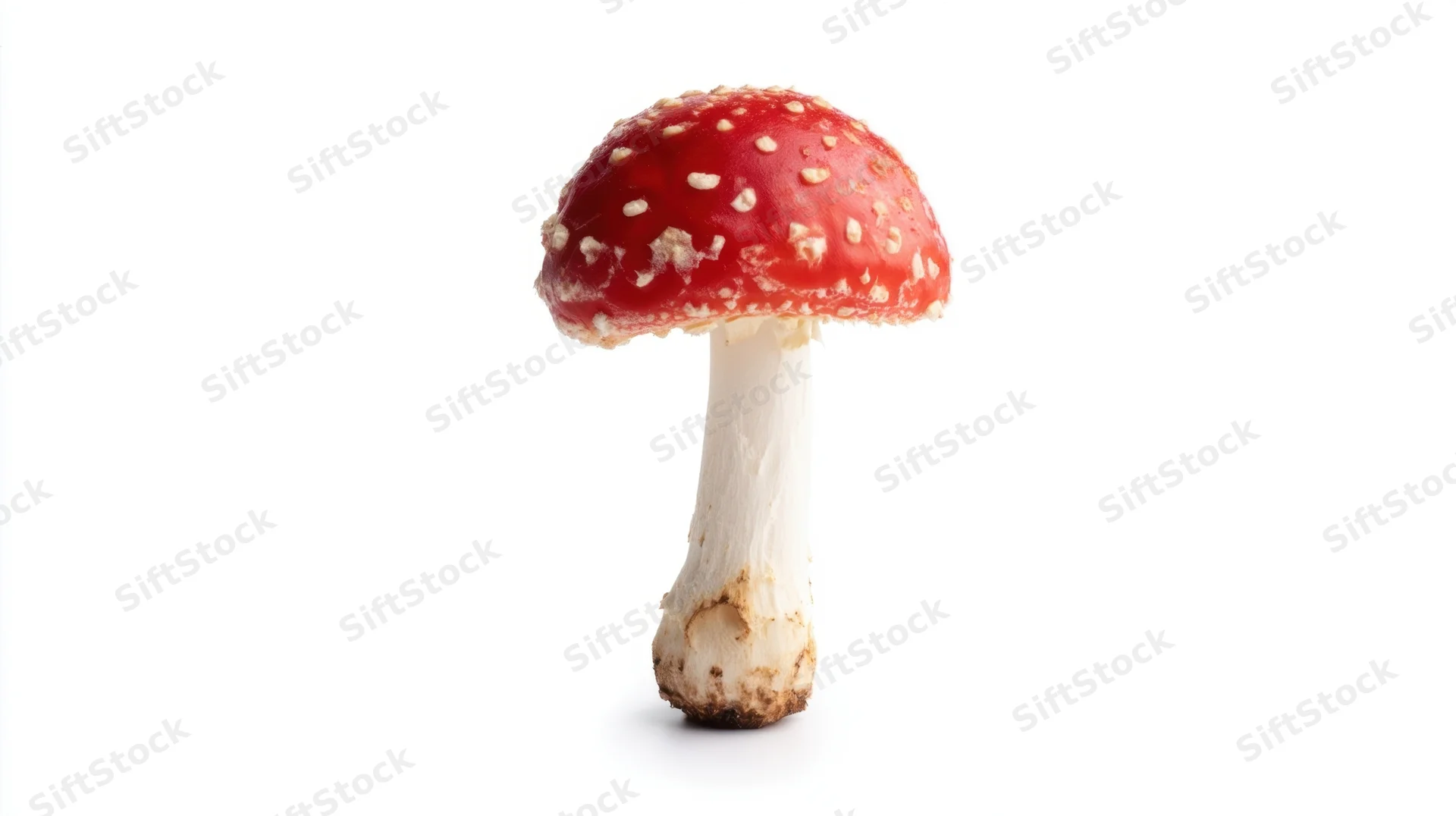 A red-capped amanita mushroom with white spots on a white background
