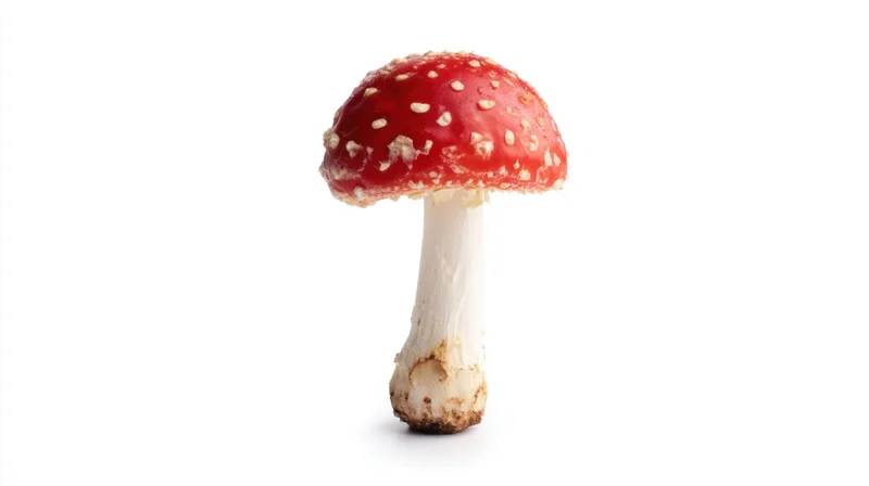 A red-capped amanita mushroom with white spots on a white background