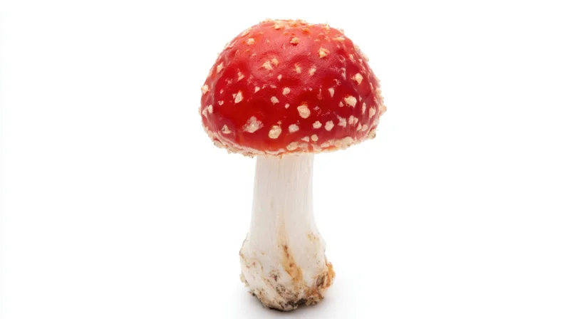 Red and white spotted mushroom with a thick stem isolated on white background