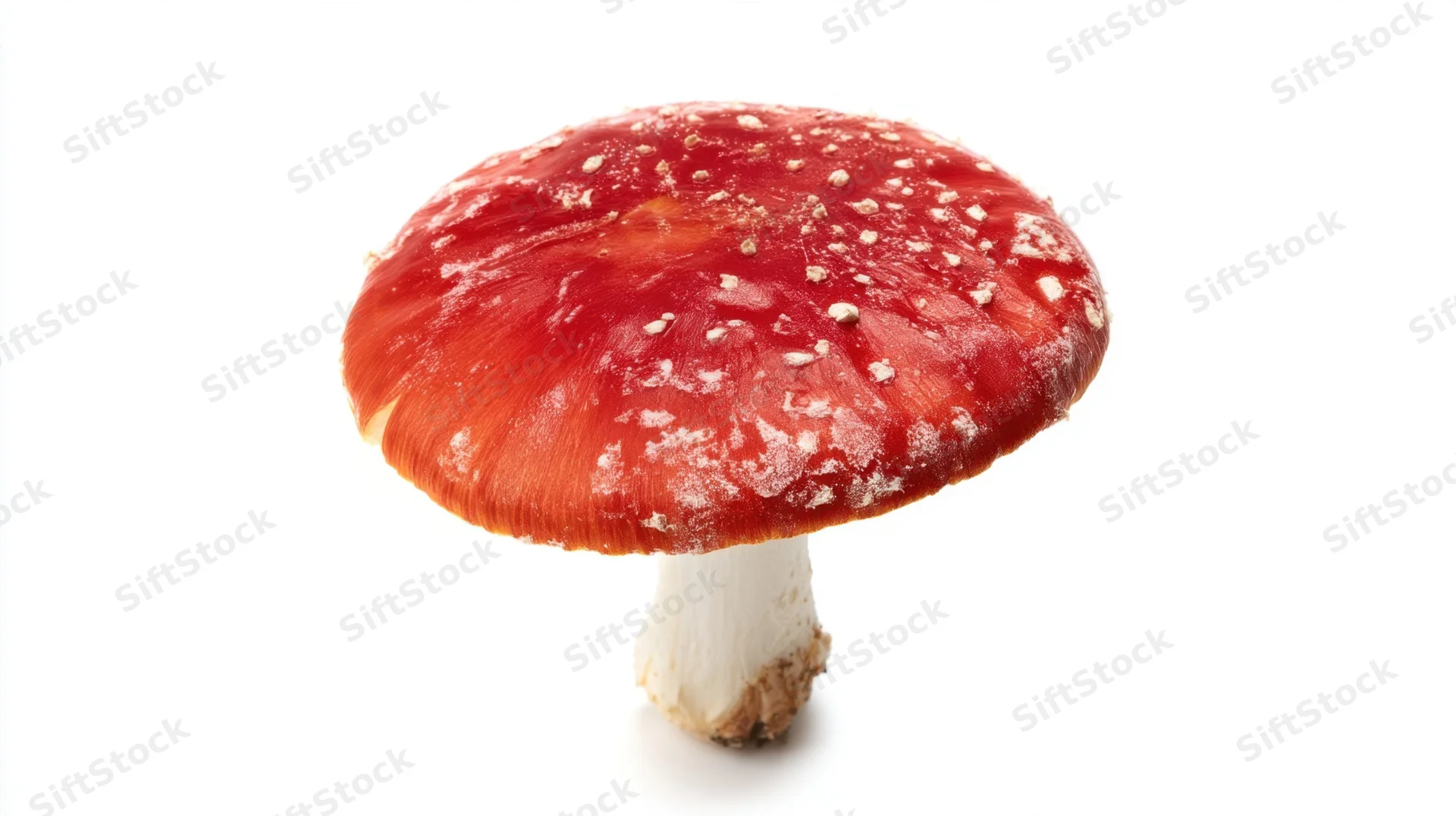 Red-capped mushroom with white spots on white background