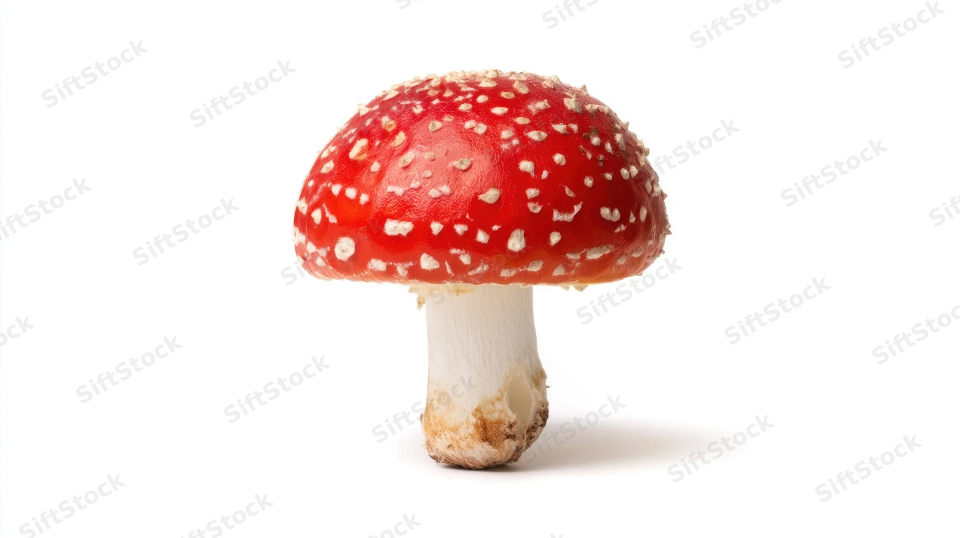 Red and white spotted mushroom with glossy cap and white stem isolated on white background