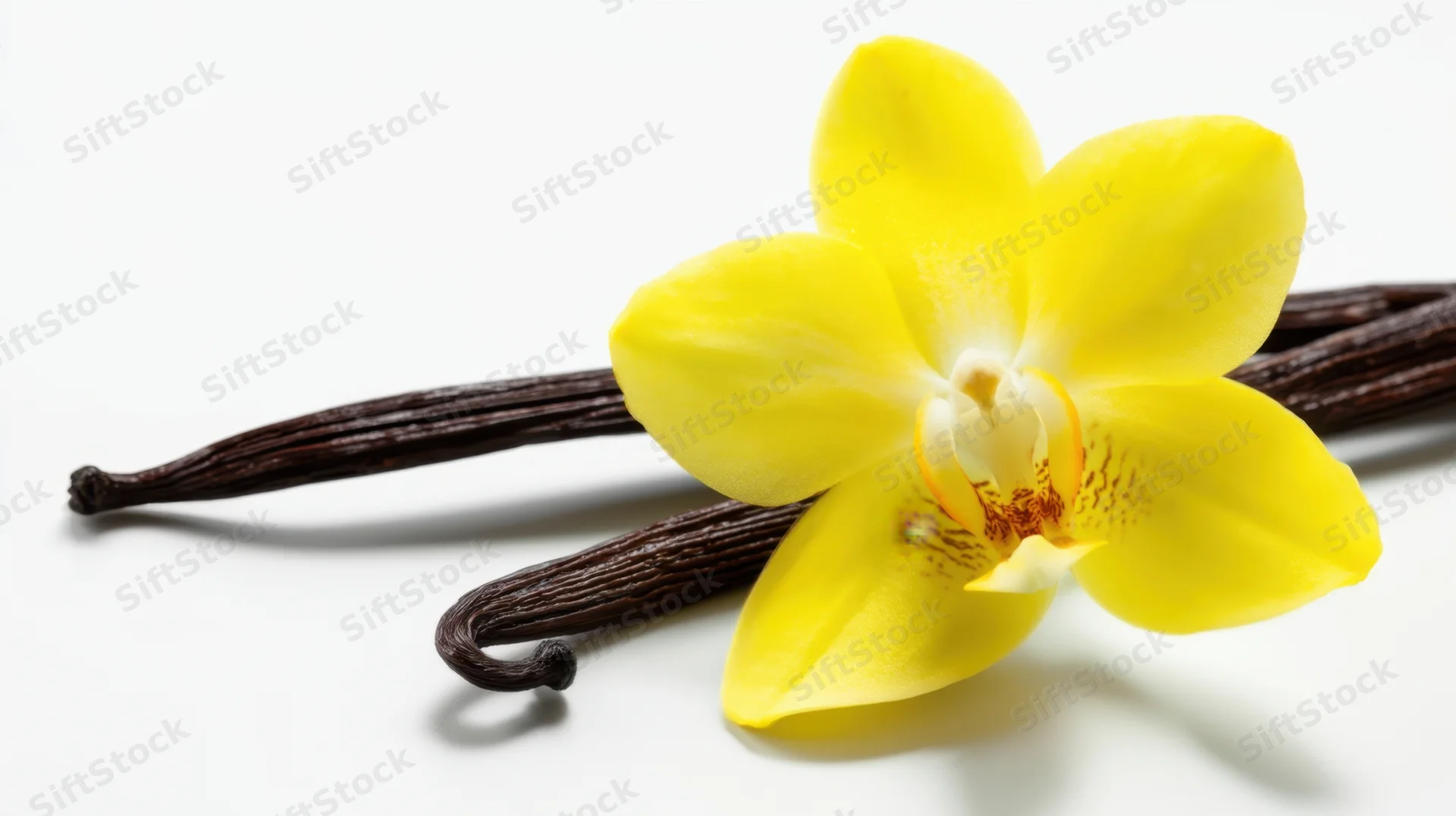Yellow vanilla orchid flower with dried pods on white background