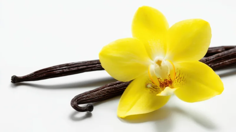 Yellow vanilla orchid flower with dried pods on white background