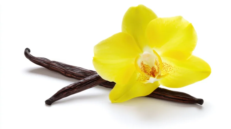 Yellow orchid flower and dried vanilla pods arranged on white background