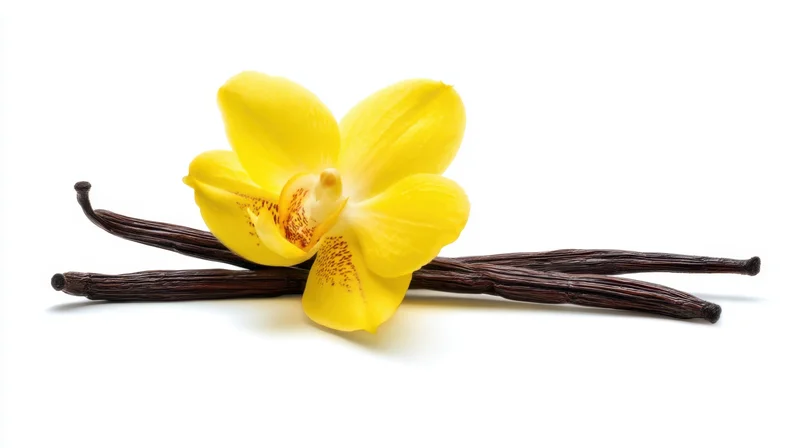 Yellow orchid flower resting on dried vanilla pods against white background