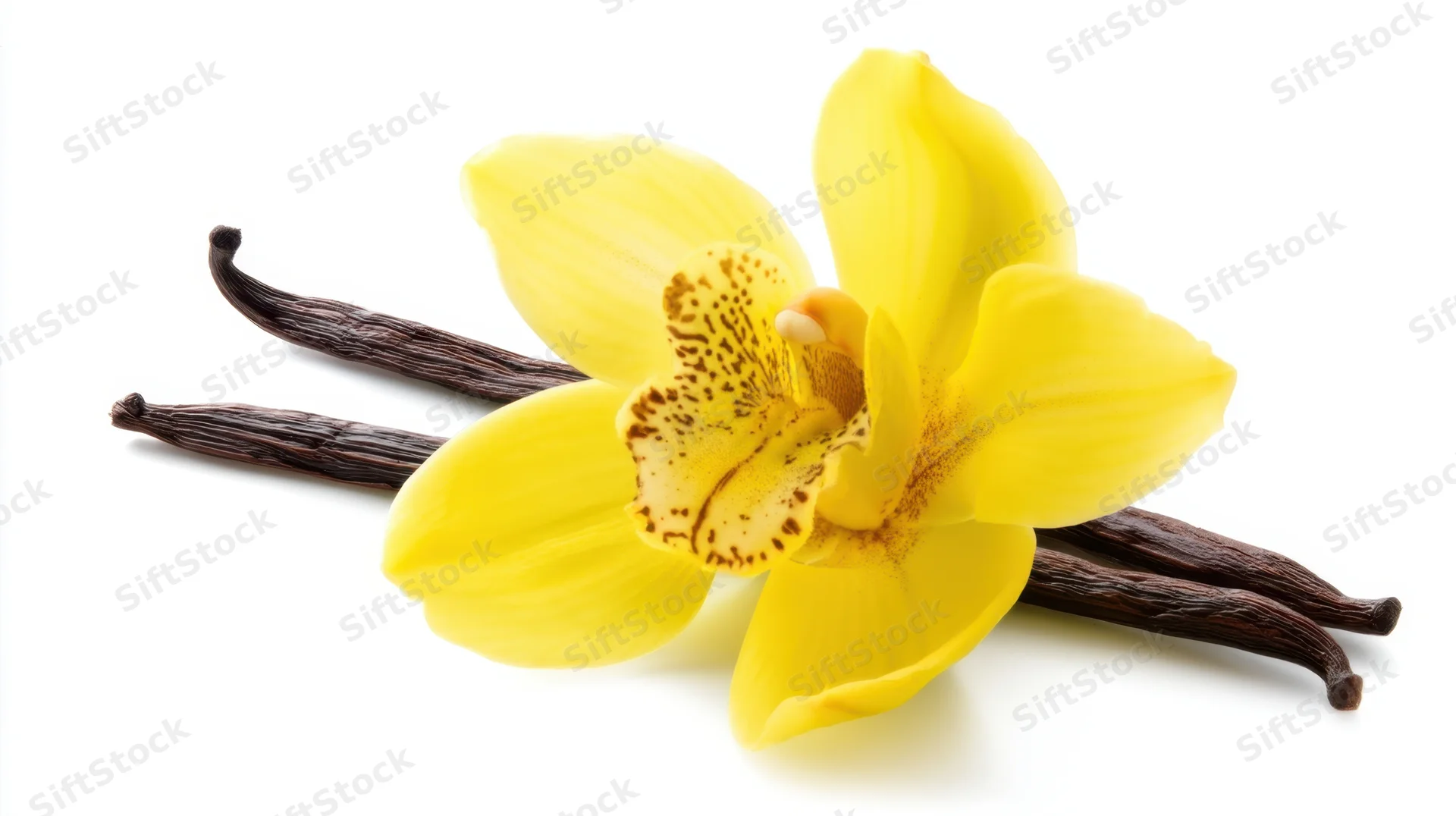 Yellow vanilla orchid flower with dried vanilla pods on white background
