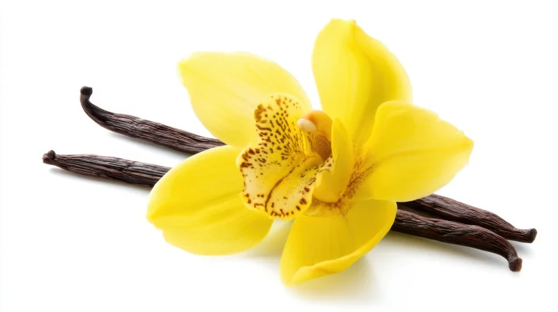 Yellow vanilla orchid flower with dried vanilla pods on white background