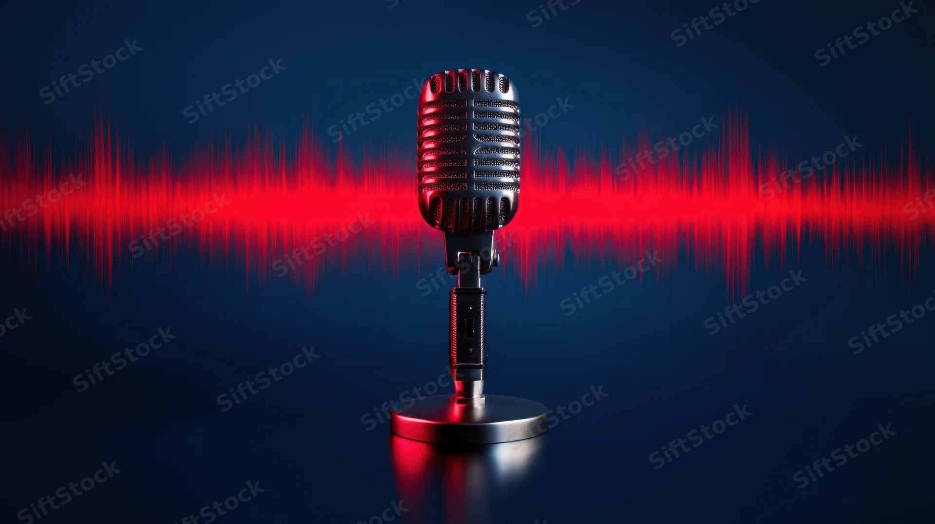 Vintage microphone with red soundwave on dark blue background