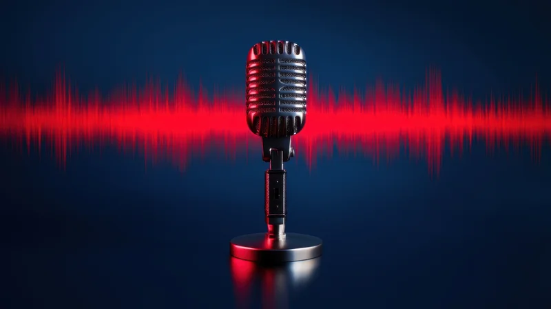 Vintage microphone with red soundwave on dark blue background