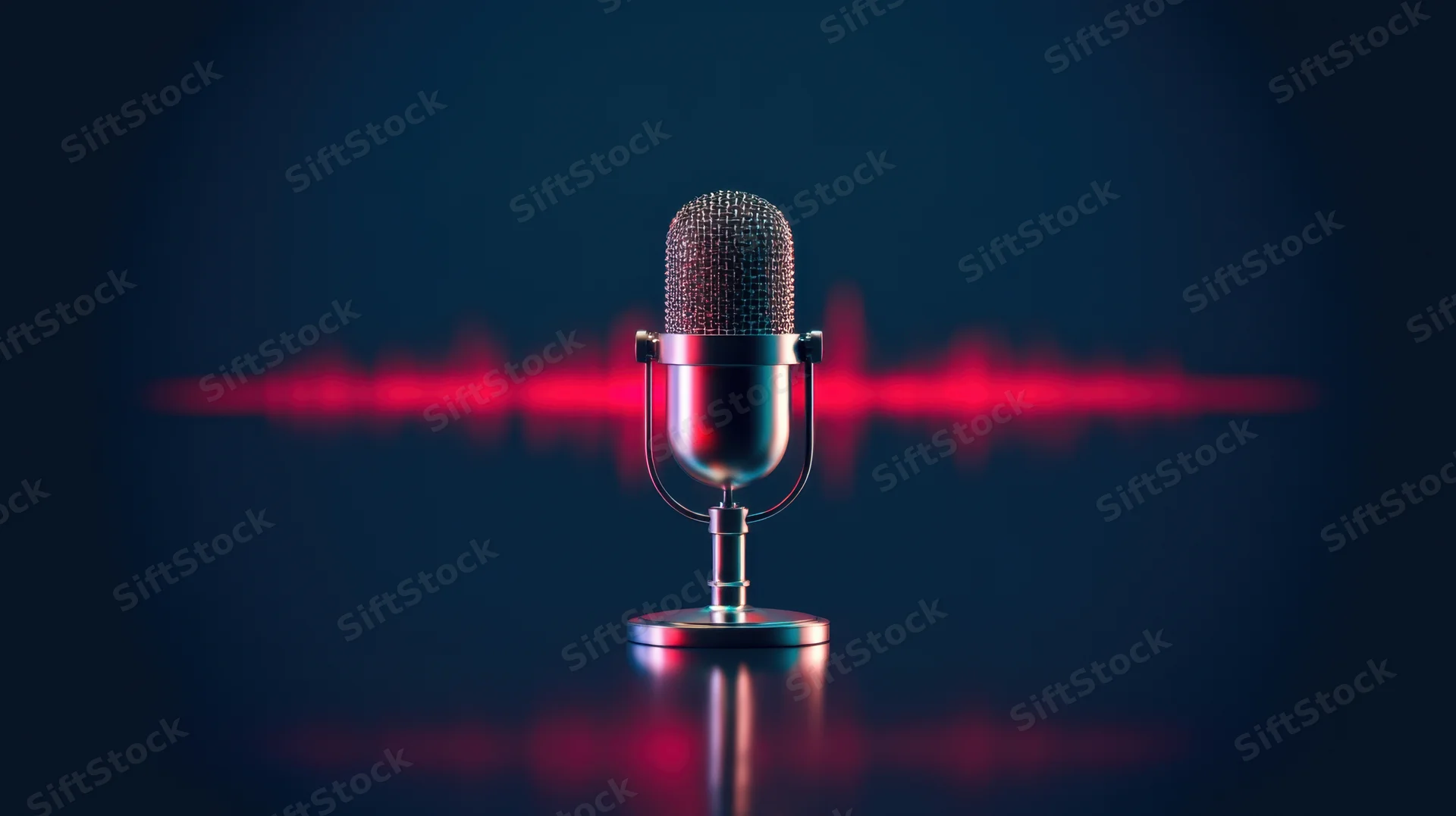 Vintage microphone on stand with red soundwave behind on dark blue background