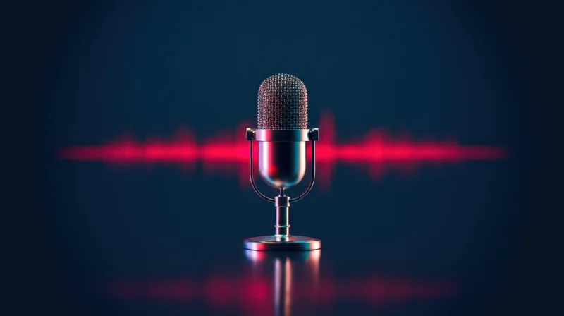 Vintage microphone on stand with red soundwave behind on dark blue background