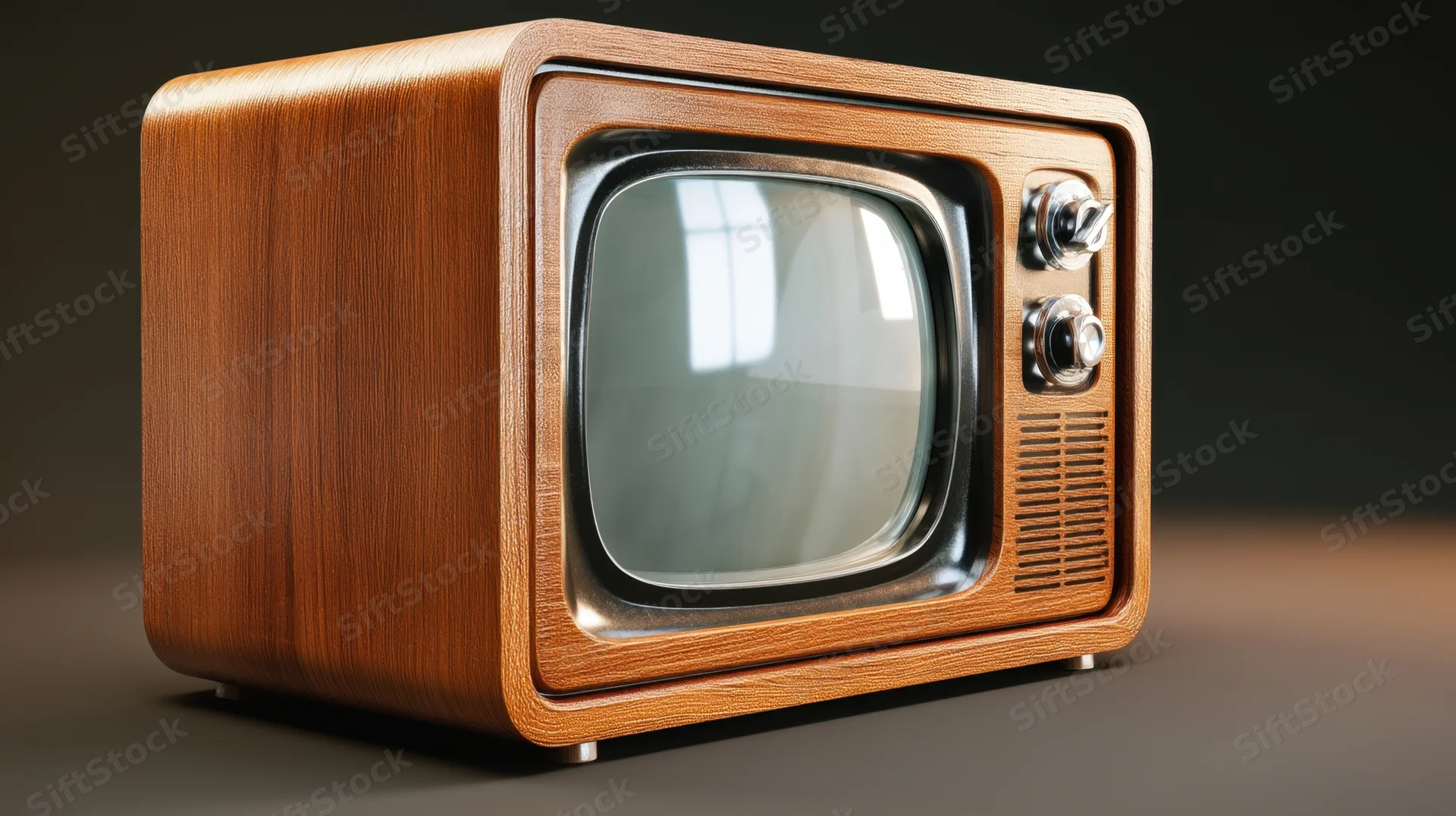Vintage wooden television with chrome knobs and curved screen on dark background