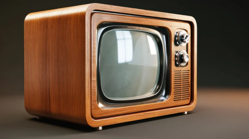 Vintage wooden television with chrome knobs and curved screen on dark background