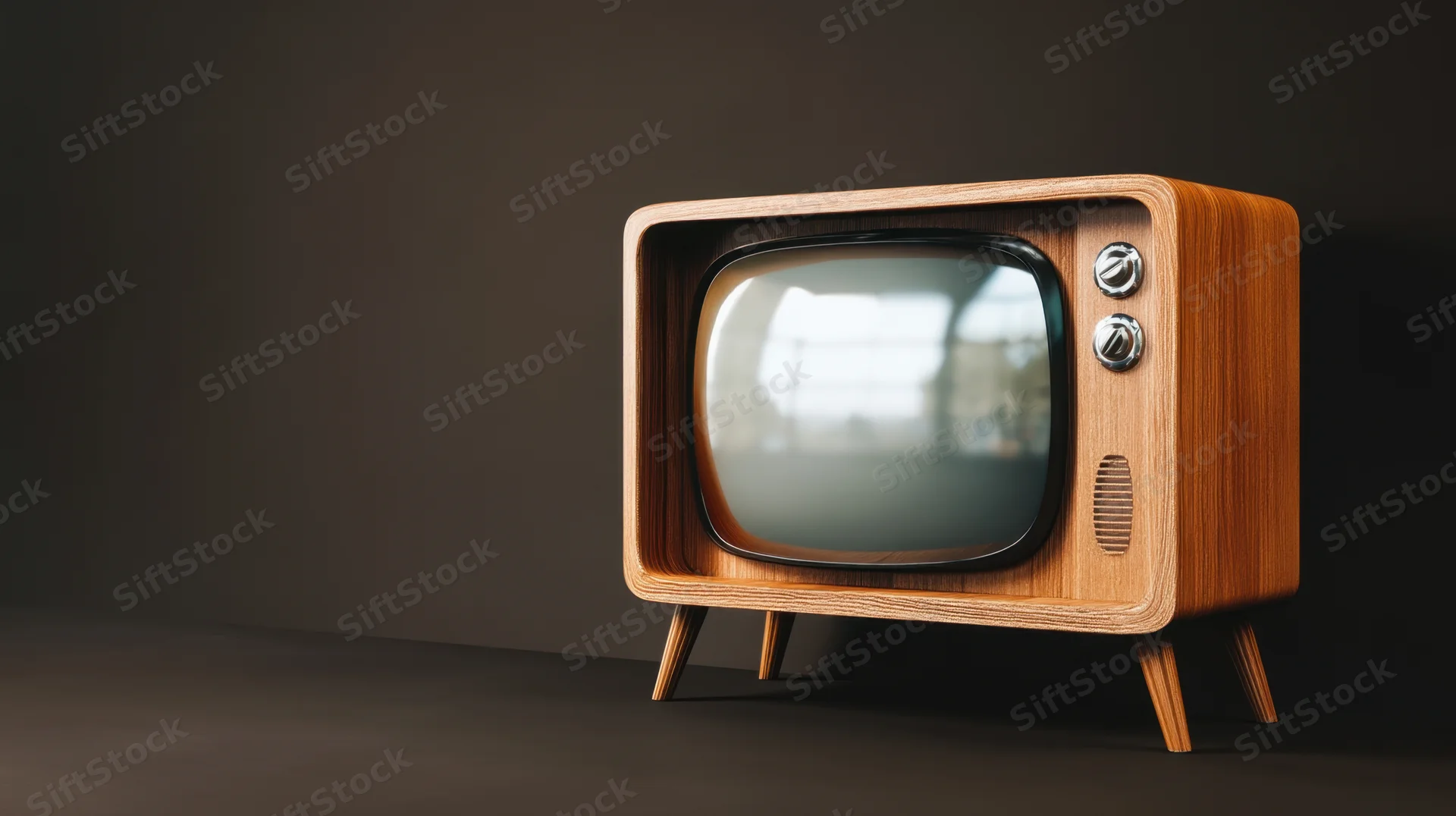 Vintage wooden television with rounded screen and metal knobs on dark studio background