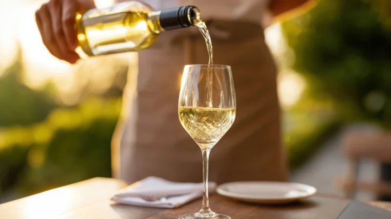Waiter pouring white wine into a glass at an outdoor dining table