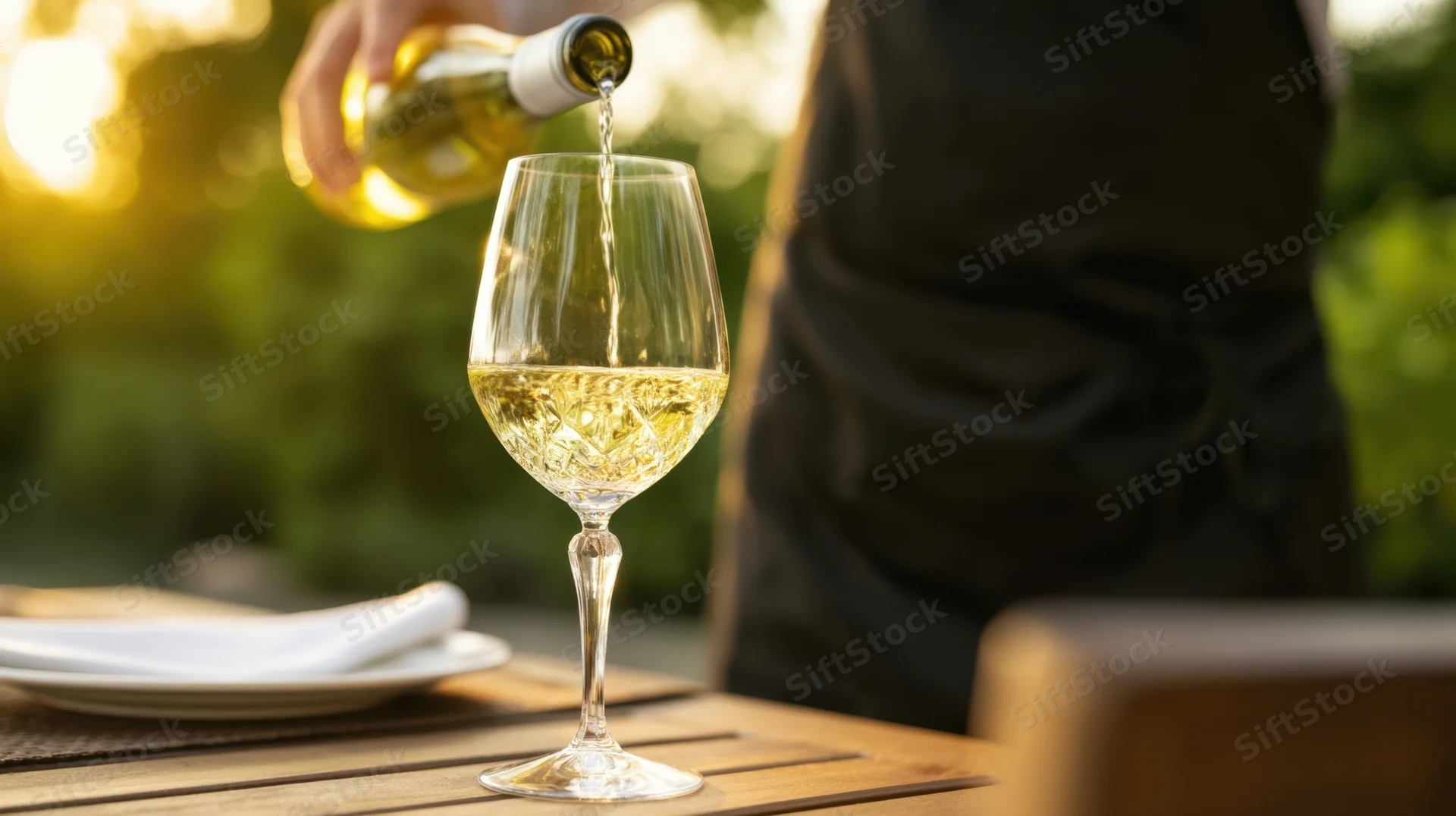 Waiter pouring white wine into a glass on an outdoor dining table at sunset