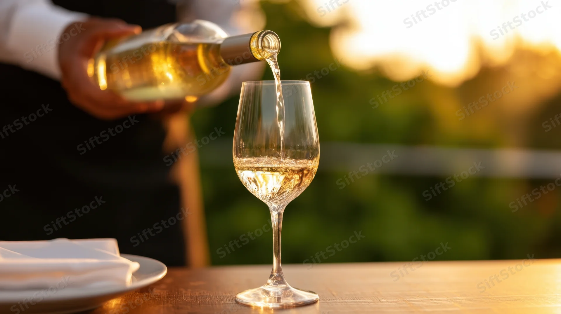 Waiter pouring white wine into a glass on a wooden table outdoors at sunset