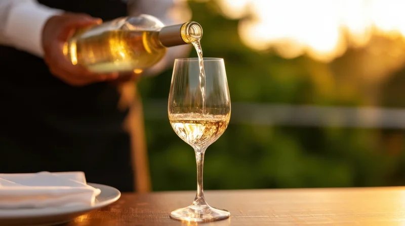 Waiter pouring white wine into a glass on a wooden table outdoors at sunset