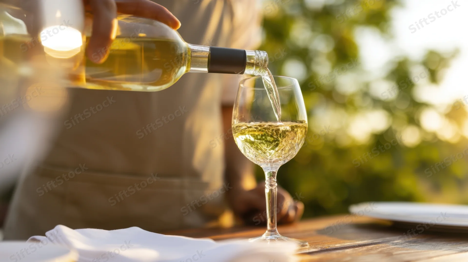 Man pouring white wine into a glass on an outdoor dining table at sunset