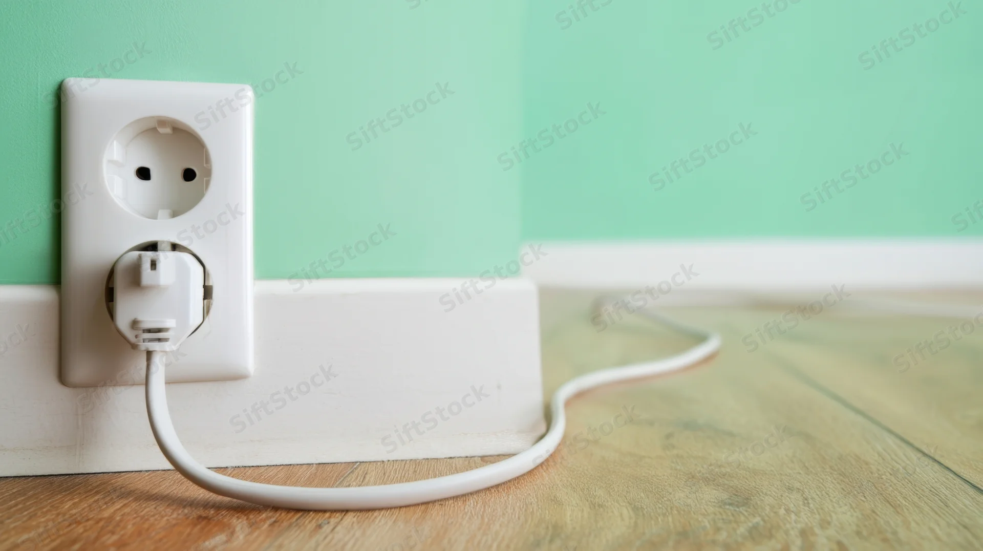 White plug inserted into wall outlet on mint green wall above wooden floor