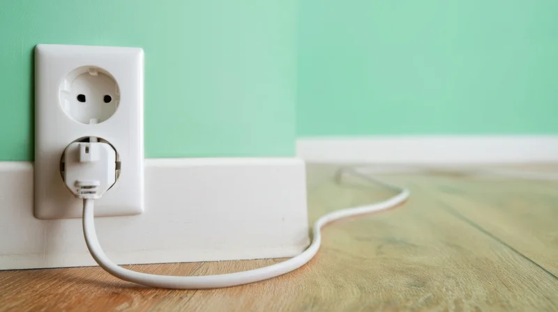 White plug inserted into wall outlet on mint green wall above wooden floor