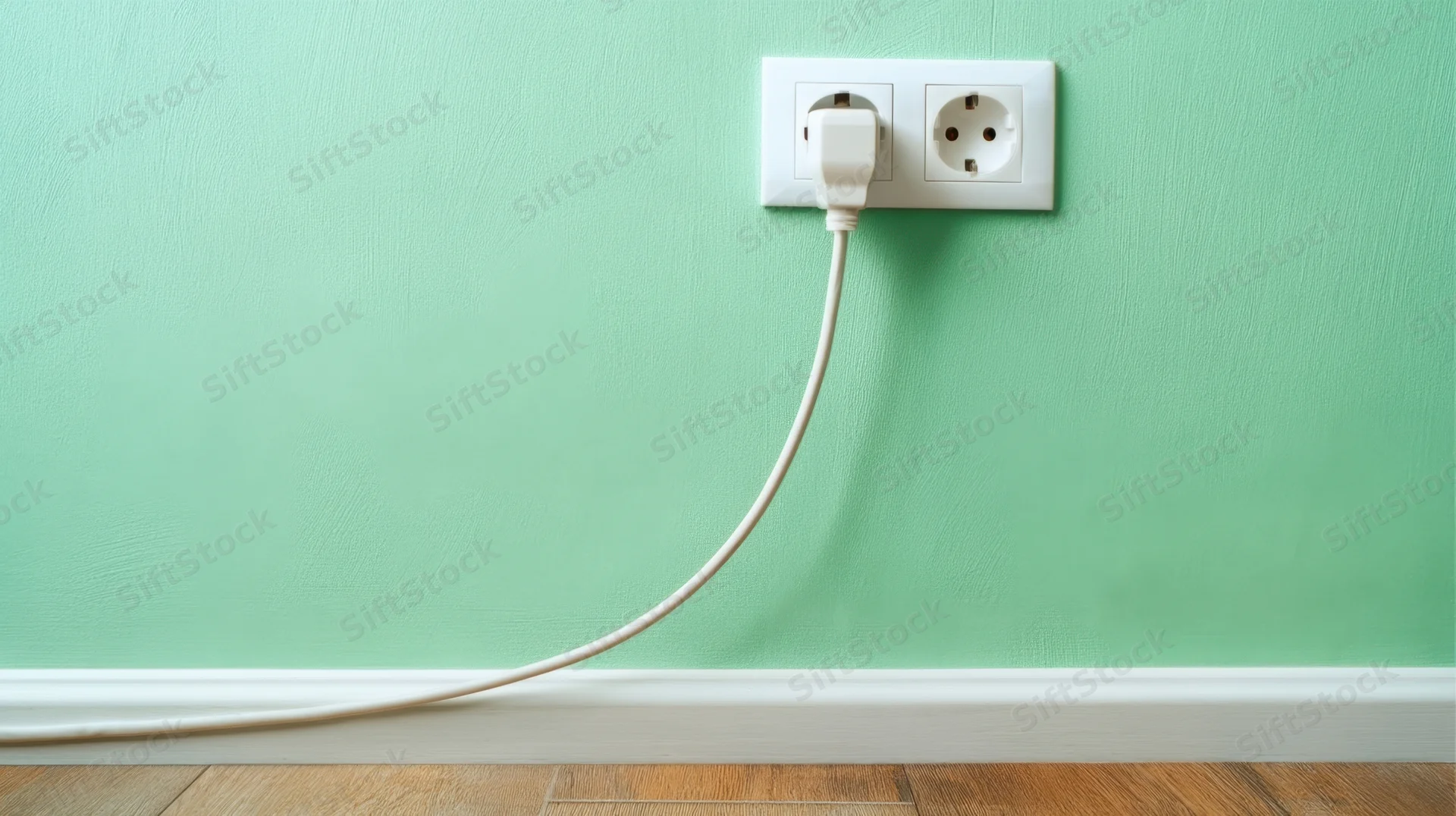 White plug inserted into wall outlet on green painted wall above wooden floor