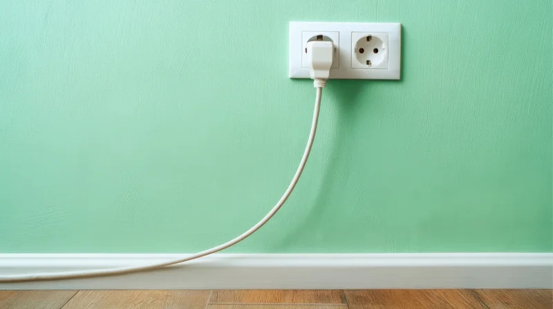 White plug inserted into wall outlet on green painted wall above wooden floor