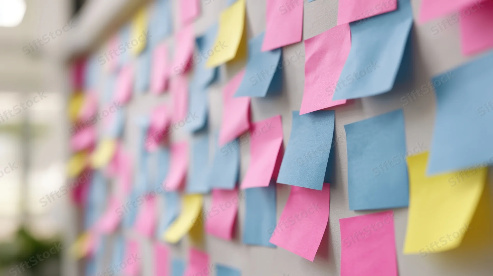 Colorful sticky notes arranged in grid on office wall for brainstorming session