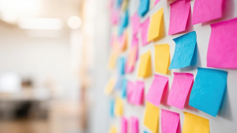 Colorful sticky notes arranged on a white office wall in a collaborative workspace