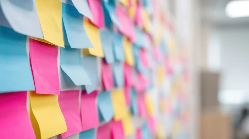 Colorful sticky notes arranged on a wall in an office setting