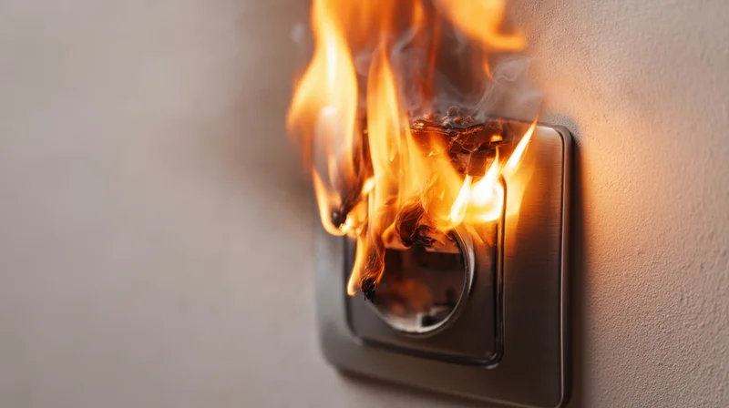 Flames erupting from a wall socket on a textured interior wall