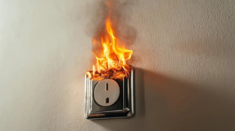 Burning electrical outlet on a white wall emitting flames and smoke