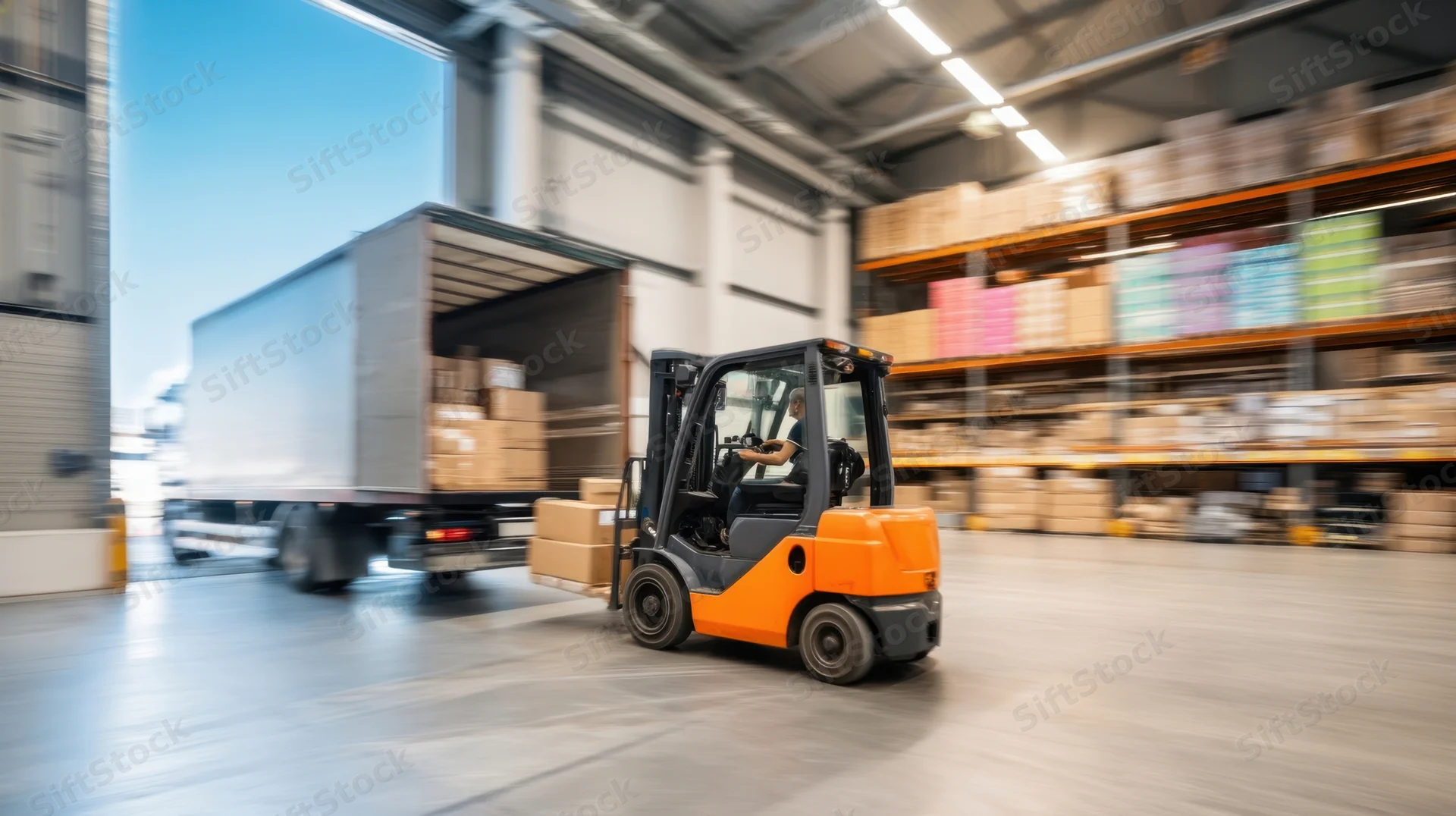Orange forklift moving boxes inside a warehouse with a truck docked at the loading bay