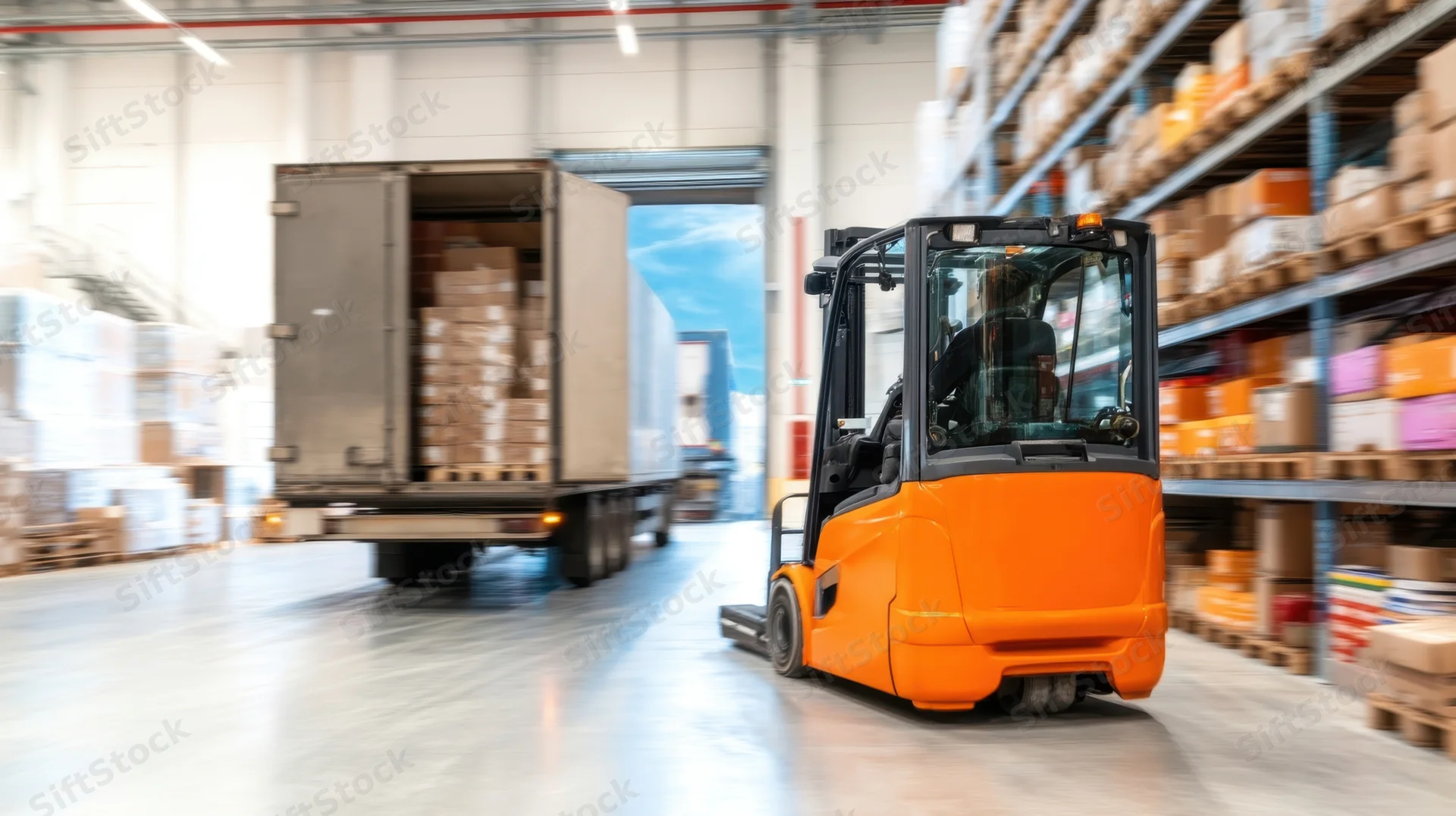 Orange forklift moving toward a loading dock in a warehouse with stacked boxes on shelves and a truck parked nearby