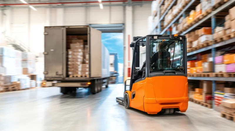 Orange forklift moving toward a loading dock in a warehouse with stacked boxes on shelves and a truck parked nearby