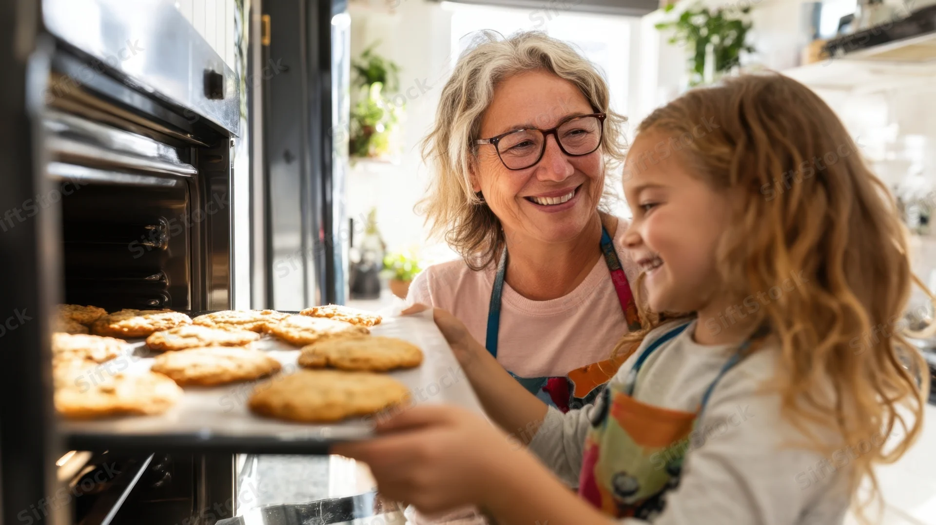 Grandmother and granddaughter smiling while pulling cookie tray from oven in kitchen