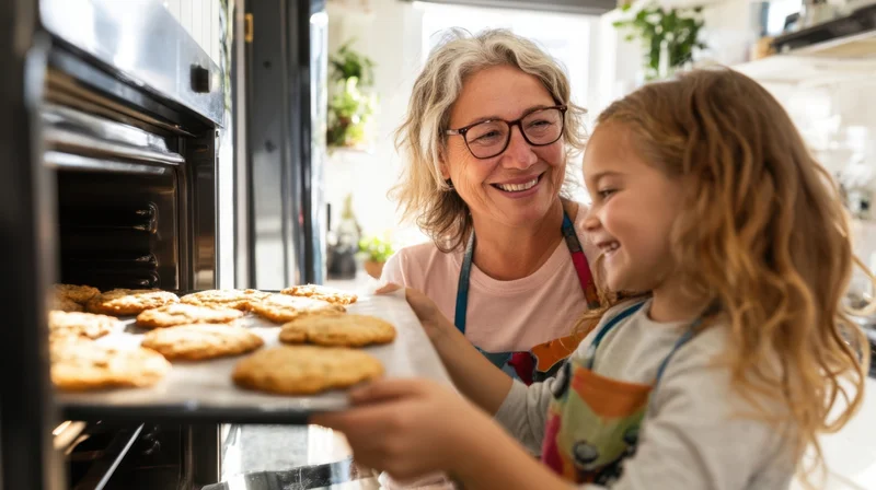 Grandmother and granddaughter smiling while pulling cookie tray from oven in kitchen