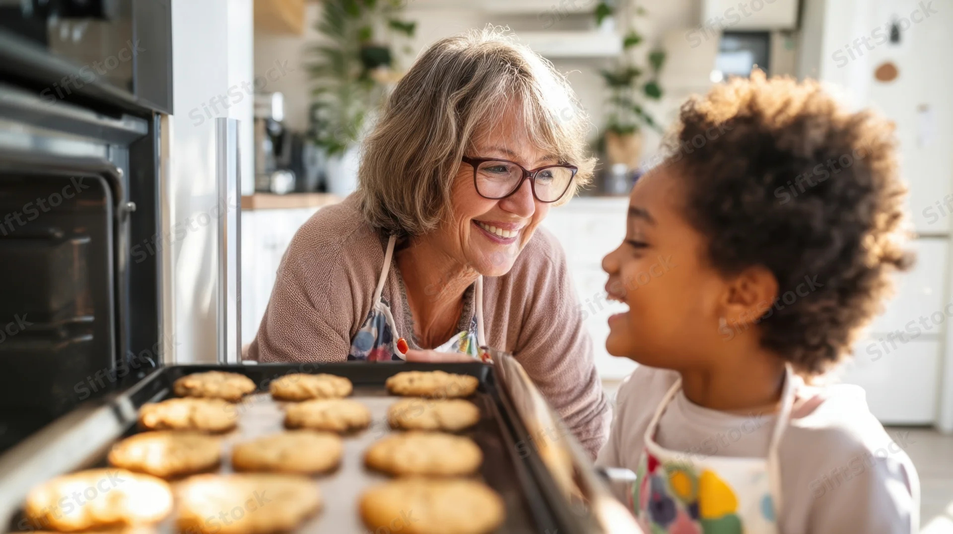 Grandmother and granddaughter smiling while baking cookies together in a bright kitchen