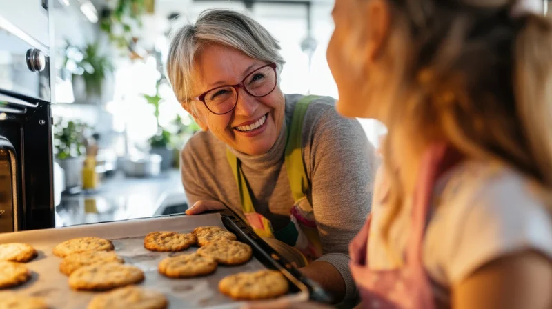 Grandmother smiling at granddaughter while baking cookies in the kitchen