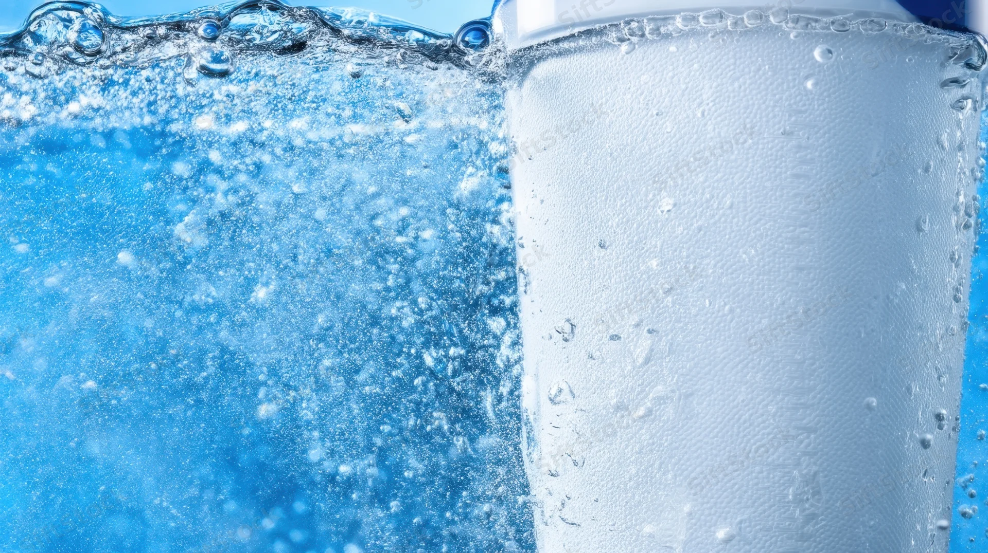 Closeup of a clear plastic water bottle with condensation and bubbles in blue liquid