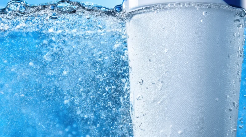 Closeup of a clear plastic water bottle with condensation and bubbles in blue liquid