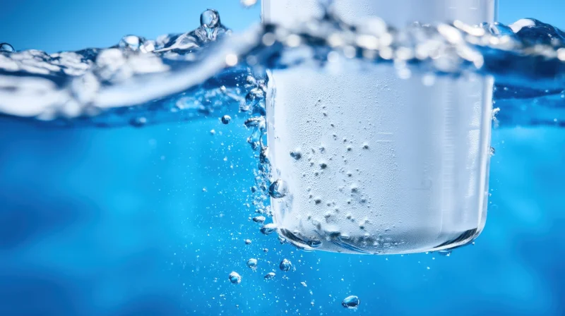Glass bottle submerged in water with bubbles and splash against blue background