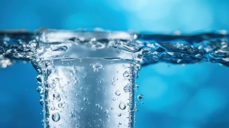 Closeup of water surface with bubbles and condensation on a glass cylinder against a blue background