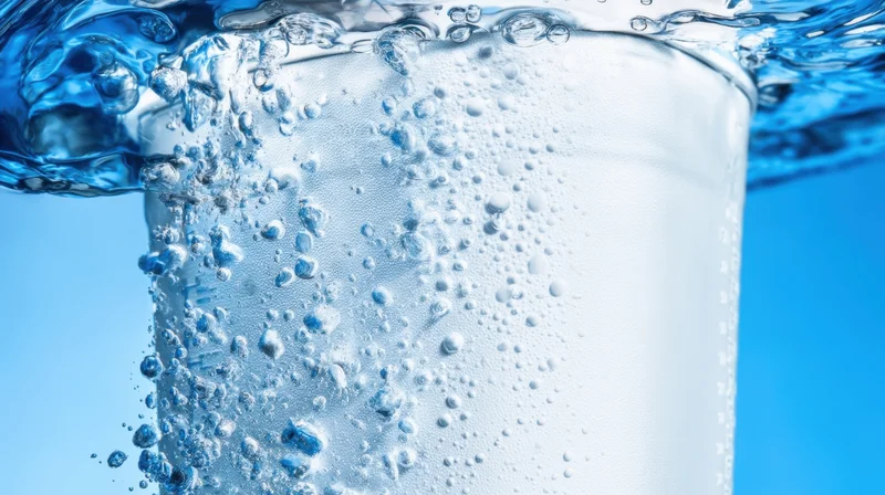 Water splashing into a glass with bubbles and condensation against a blue background