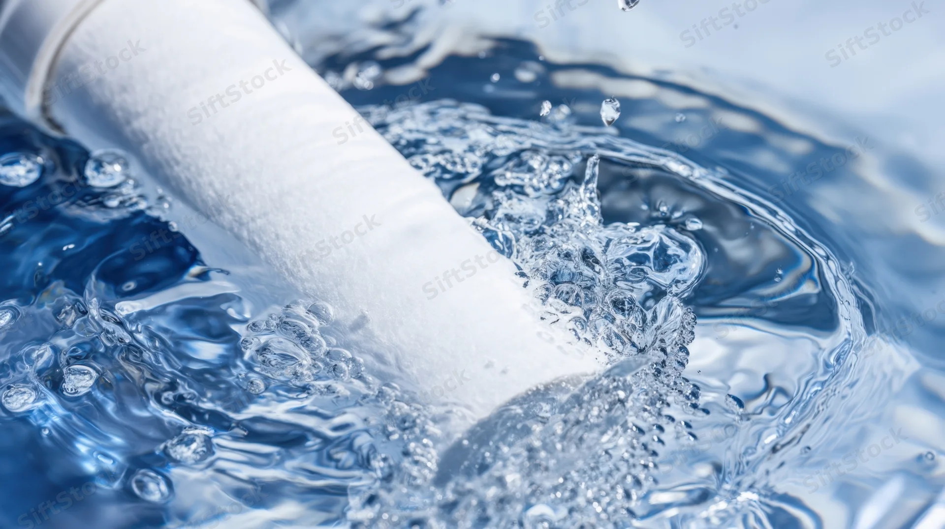White pipe dispensing clear water into a rippling blue surface with bubbles and splashes