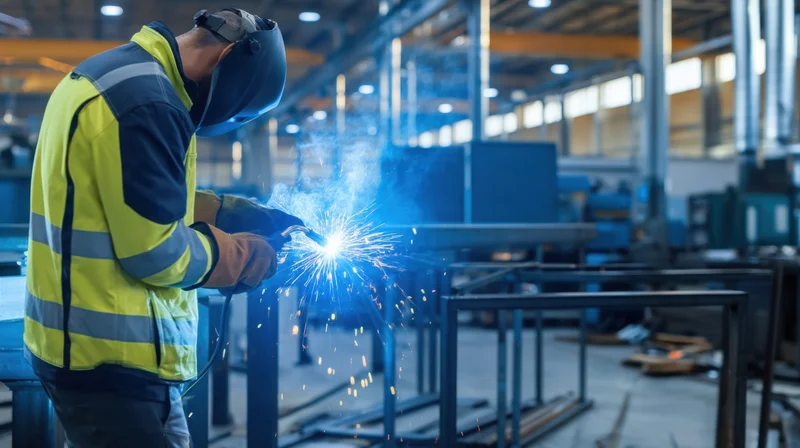 Welder welding metal frame in factory workshop